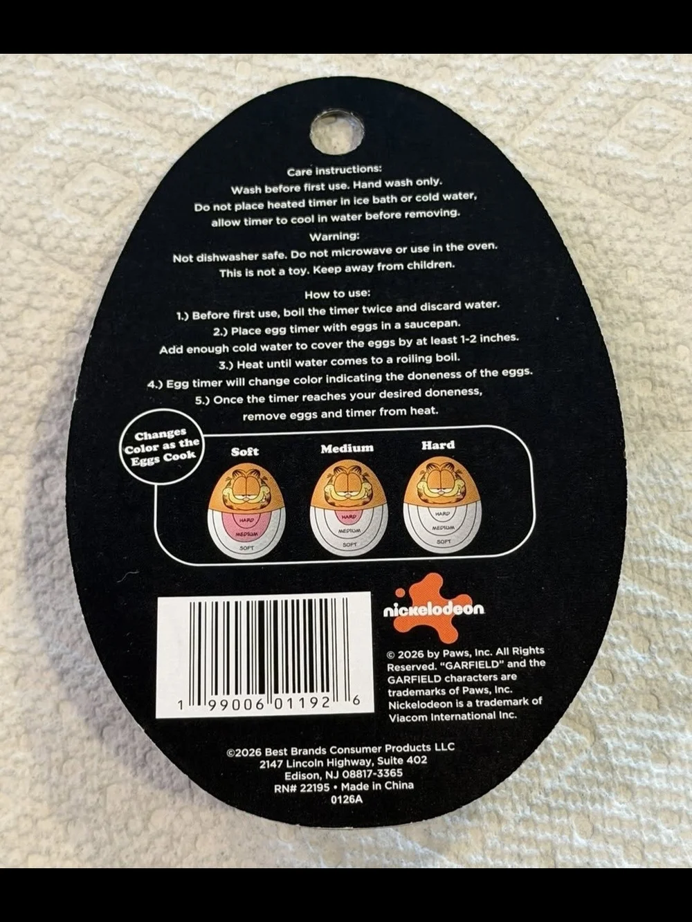 Nickelodeon Orange & Black Garfield Egg Timer Packaging Card